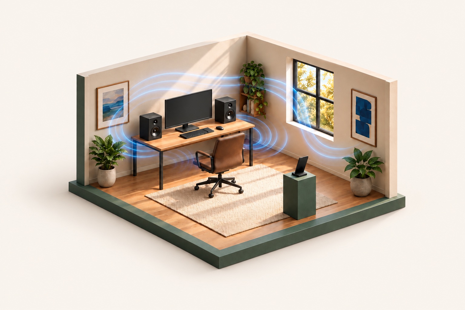 Illustrated room with two desk speakers, a listening phone and blue sound paths